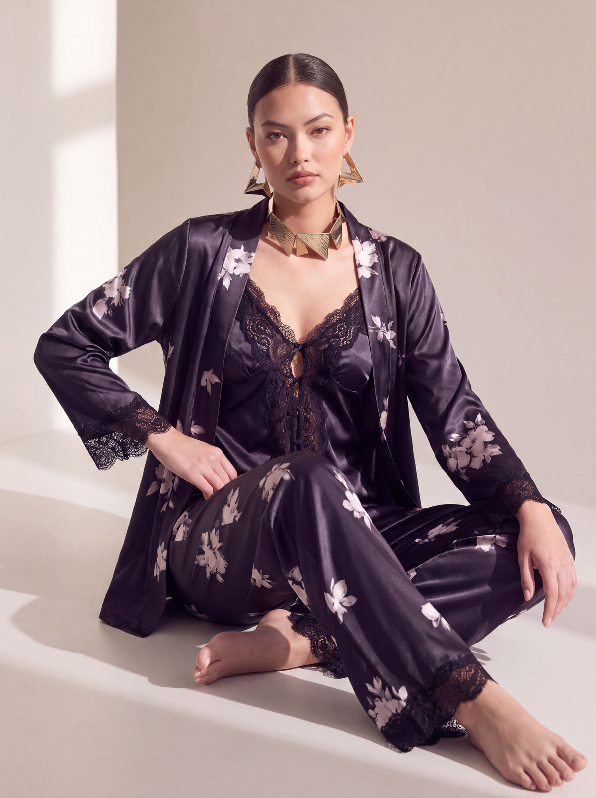 Pyjama 3 pièces en satin de soie