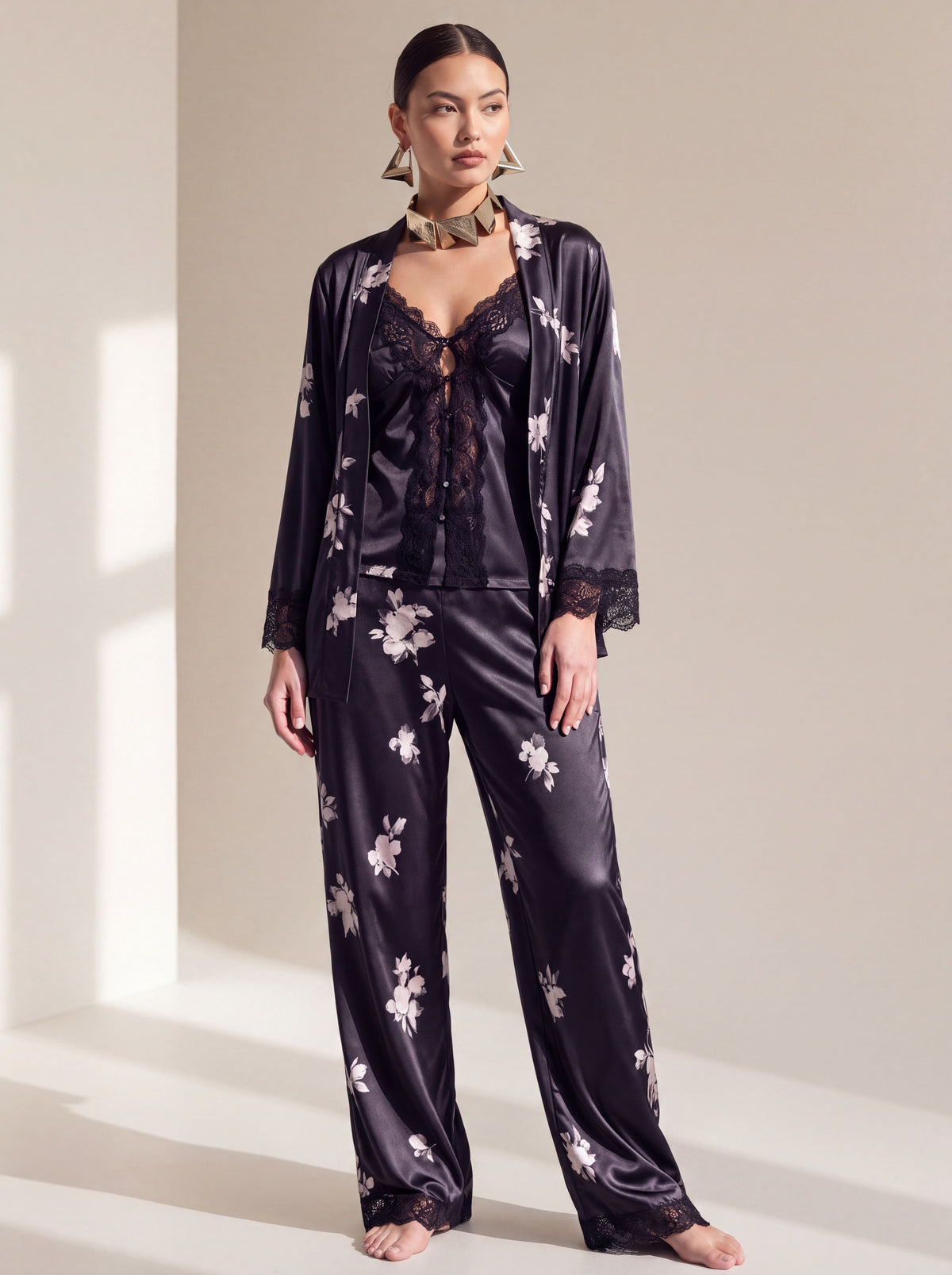 Pyjama 3 pièces en satin de soie