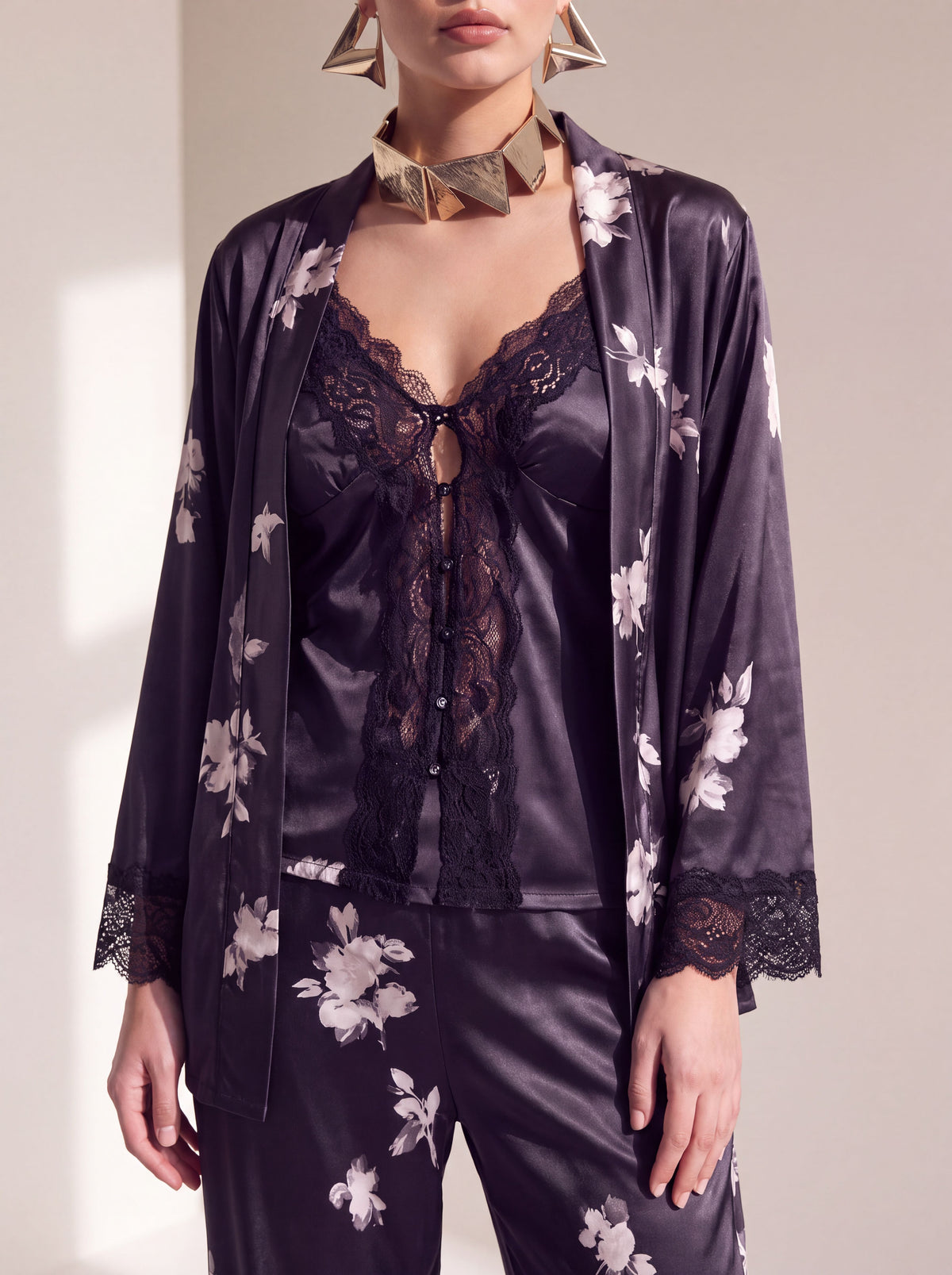 Pyjama 3 pièces en satin de soie