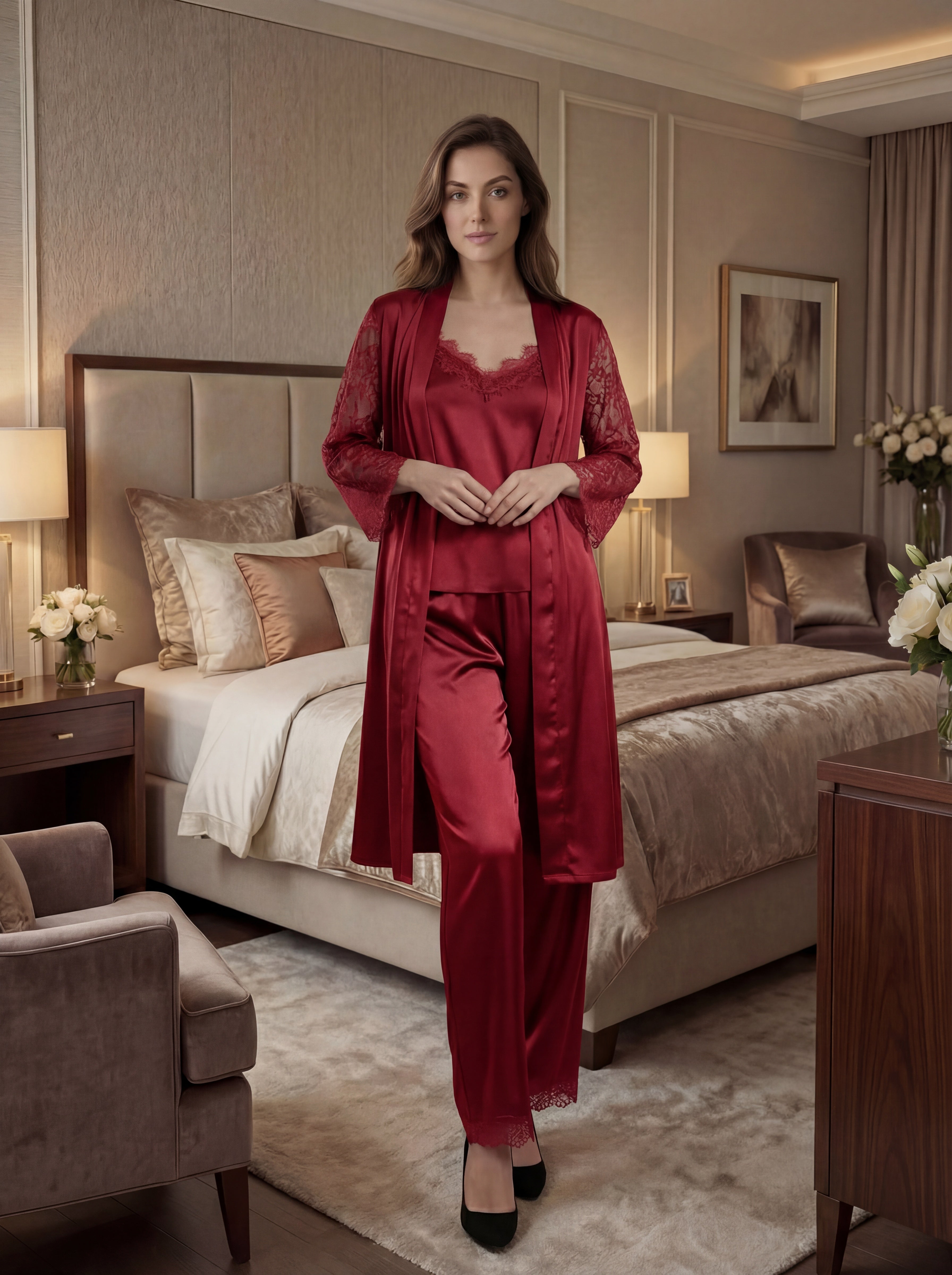 Lucia (Ensemble 4 pièces en satin de soie et dentelle)