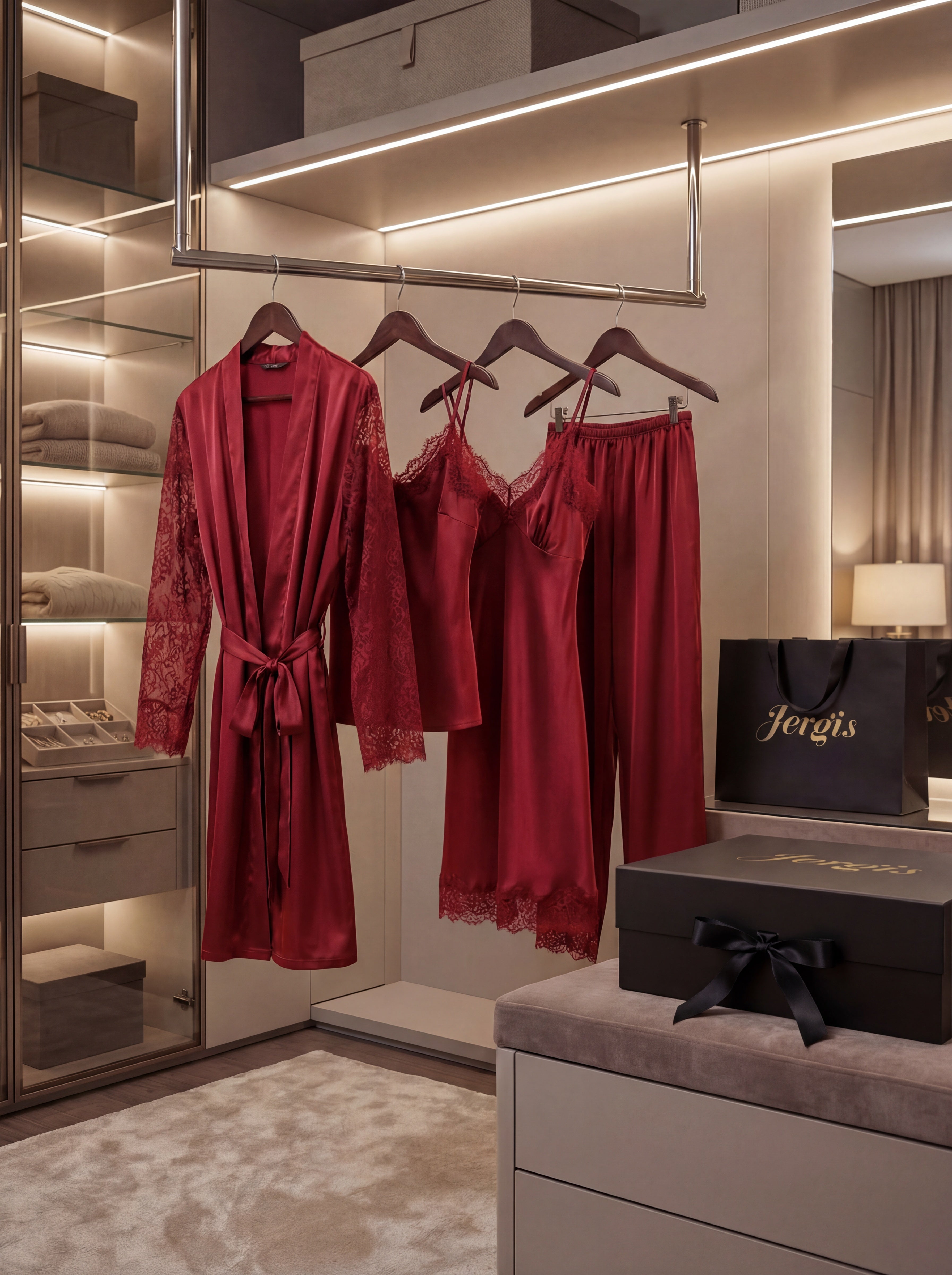 Lucia (Ensemble 4 pièces en satin de soie et dentelle)