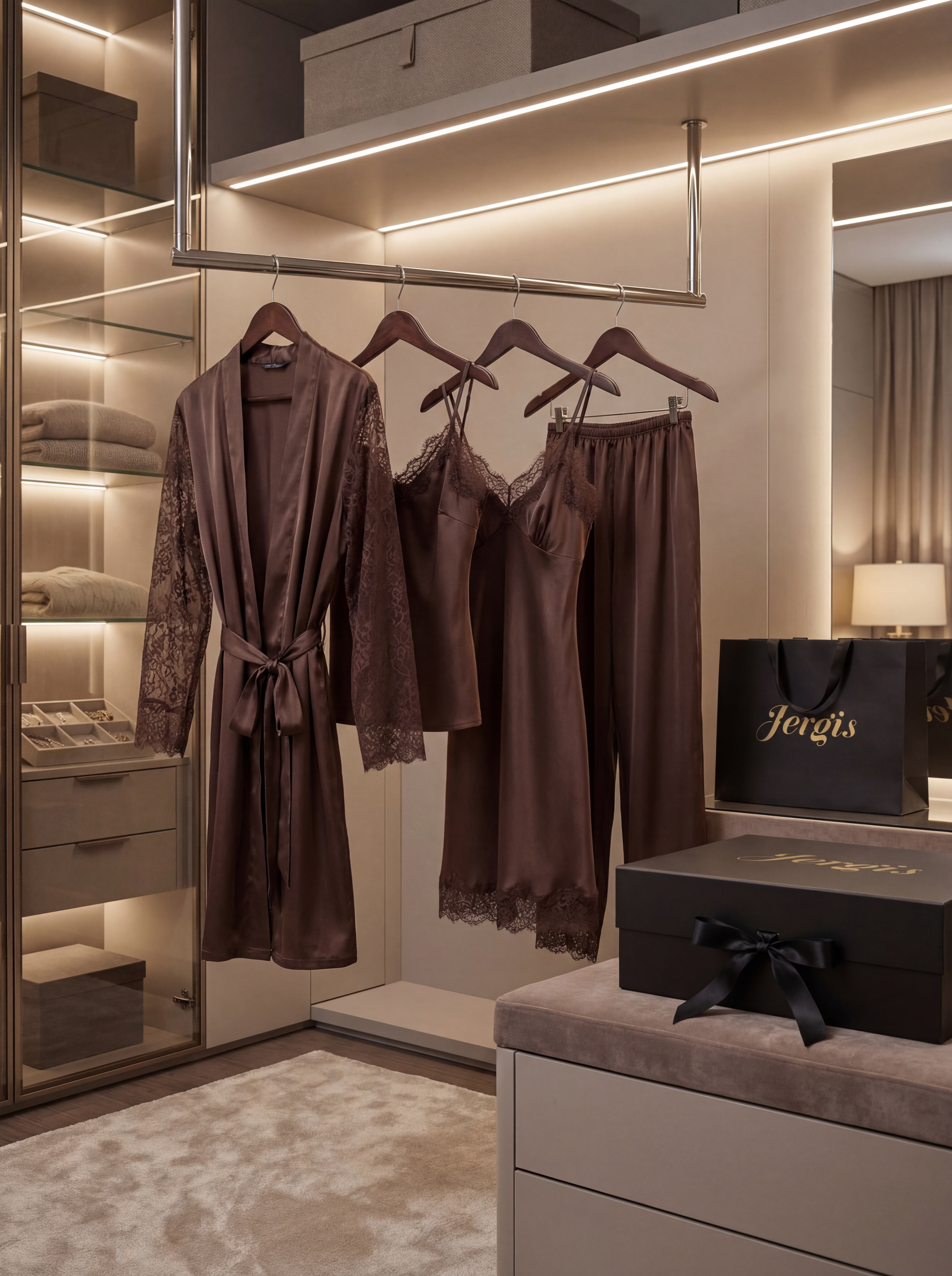 Lucia (Ensemble 4 pièces en satin de soie et dentelle)