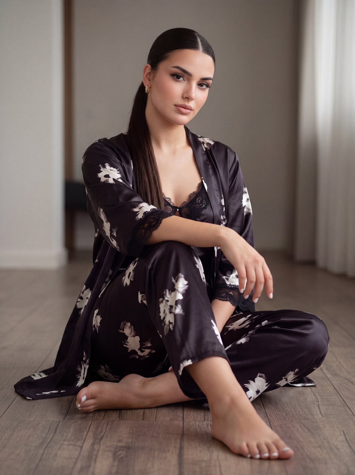 Pyjama 3 pièces en satin de soie