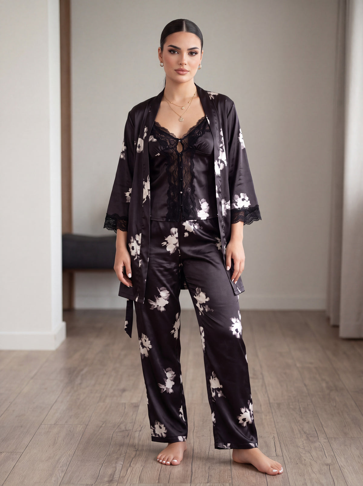 Pyjama 3 pièces en satin de soie